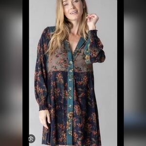 Natural Life Boho Ansley Woven Floral Patchwork Button Front Tunic Shirt Dress L